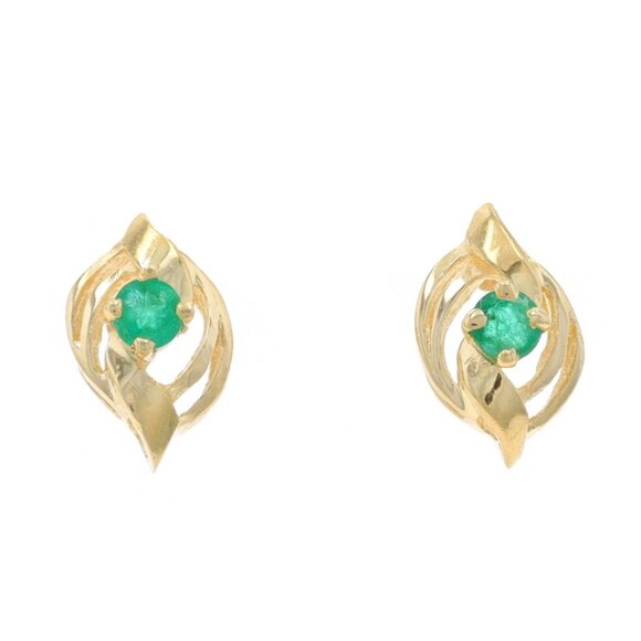 Yellow Gold Emerald Stud Earrings - 14k Round .22ctw Pierced - Picture 1 of 4